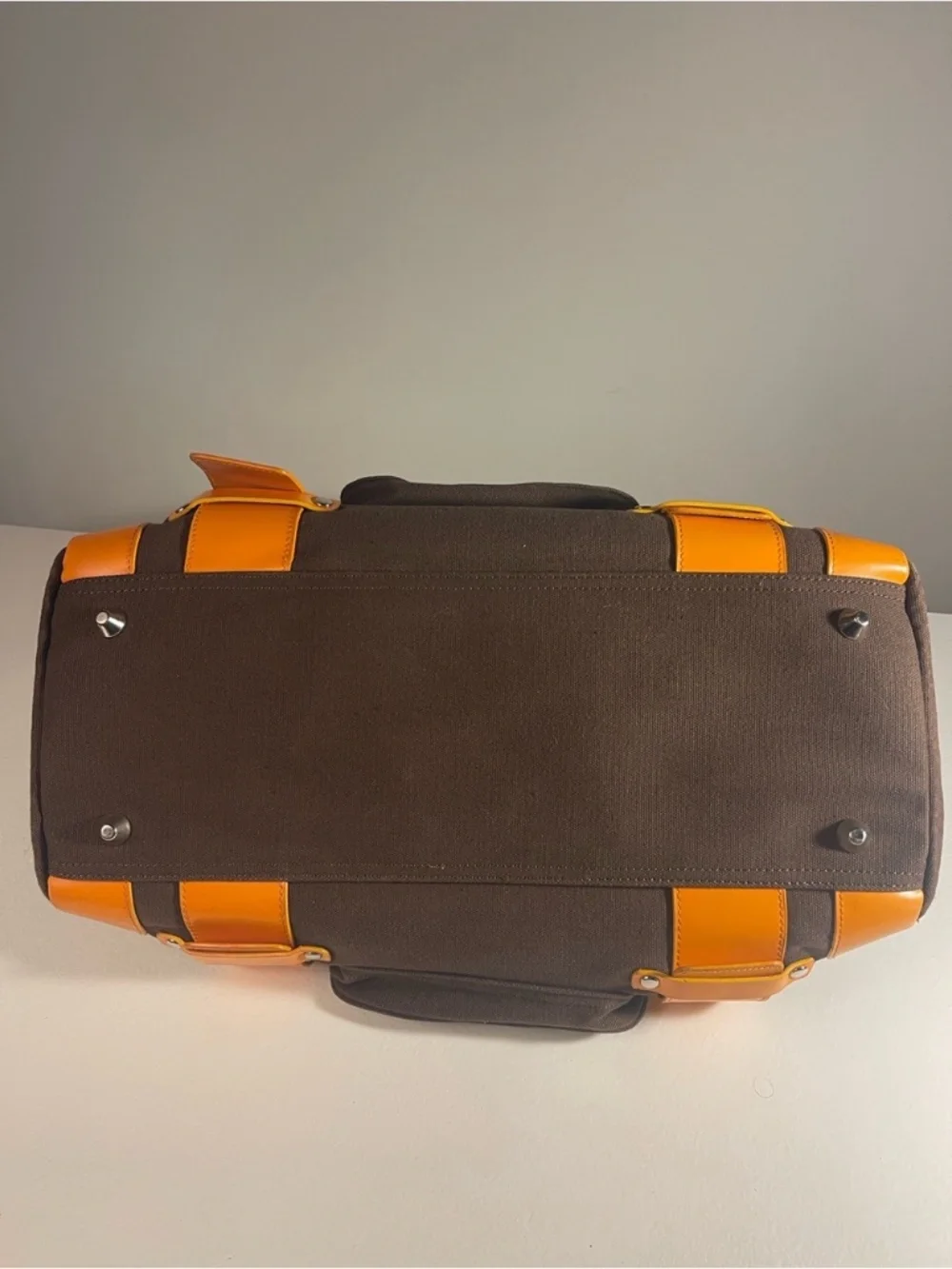 henri bendel Brown Canvas Pet Carrier with Bright Orange Patent Trim